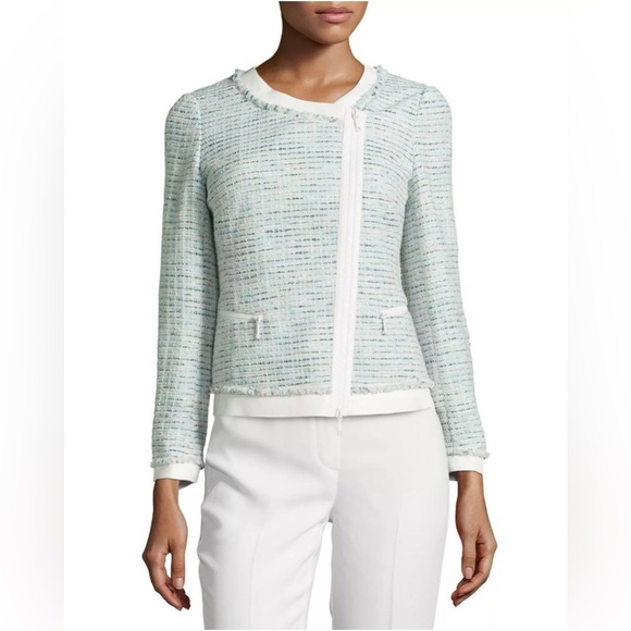 Lafayette 148 Asymmetric Zip Leather Trim Tweed Jacket Dewdrop Multi Size 8. - Picture 1 of 11